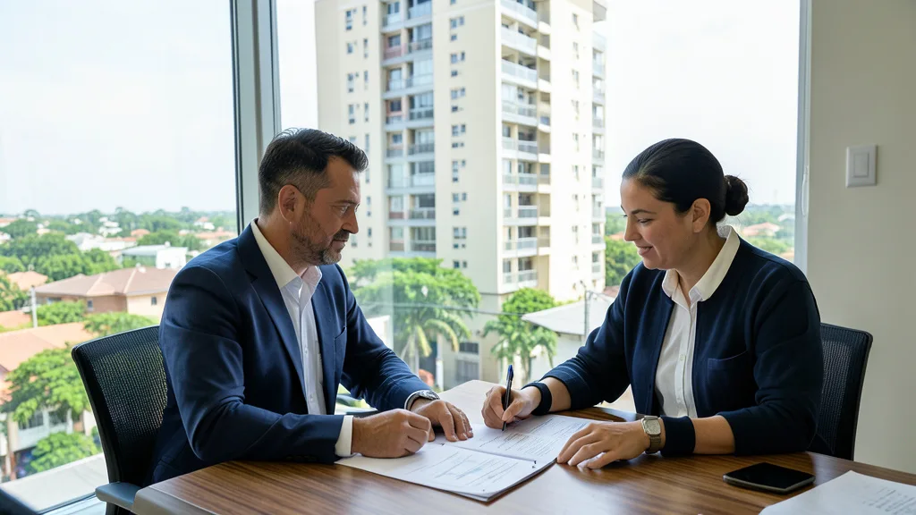Imagem gerada por IA: Administrador analisa documentos financeiros diante de um edifício residencial.