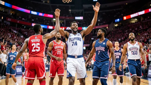 Imagem gerada por IA: Jogadores de basquete comemoram uma vitória em quadra, com adversários ao fundo.
