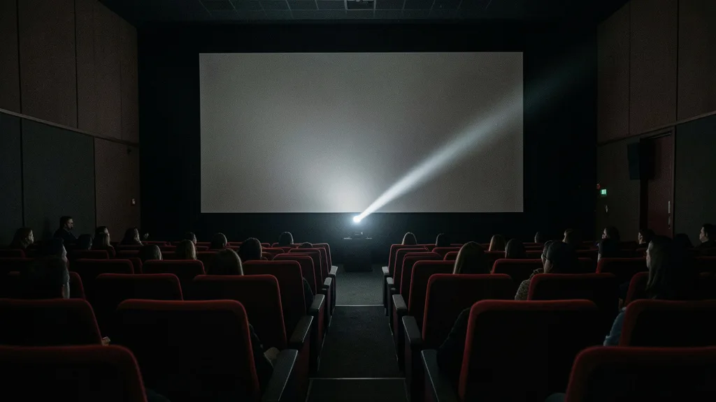 Imagem gerada por IA: Sala de cinema com fileiras de poltronas vermelhas diante de uma tela iluminada.
