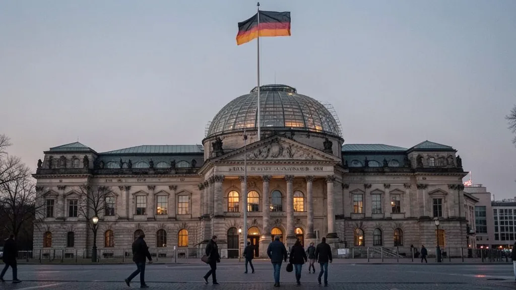 Imagem gerada por IA: Edifício do Reichstag, em Berlim, ao entardecer, com pedestres ao fundo.
