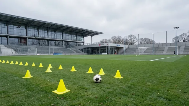 Imagem gerada por IA: Campo de treinamento vazio, com cones e uma bola sobre a grama.