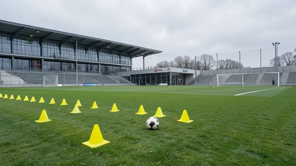 Imagem gerada por IA: Campo de treinamento vazio, com cones e uma bola sobre a grama.