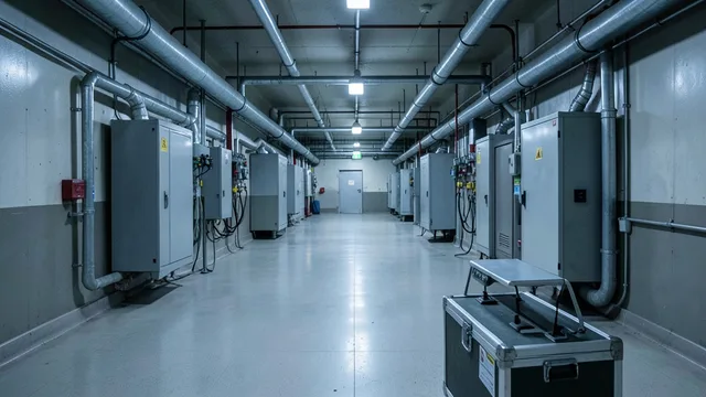 Corredor de uma instalação nuclear com equipamentos de inspeção em primeiro plano.