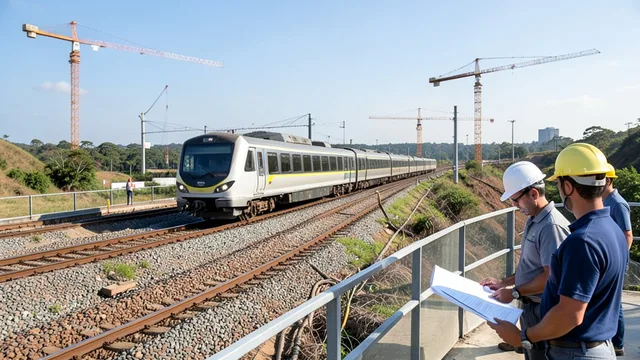 Imagem gerada por IA: Trem atravessa uma ponte em uma obra de infraestrutura ferroviária.