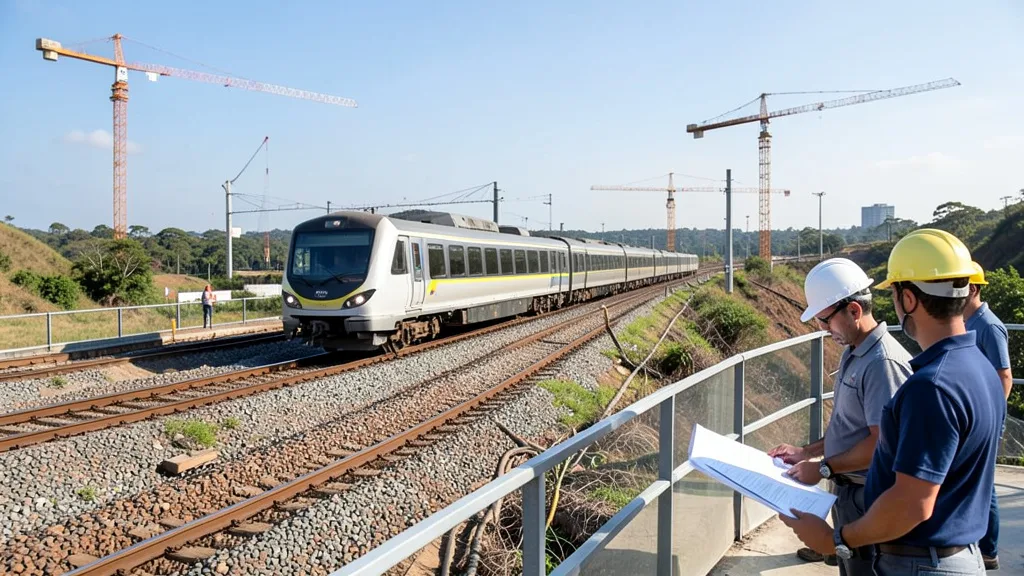 Imagem gerada por IA: Trem atravessa uma ponte em uma obra de infraestrutura ferroviária.