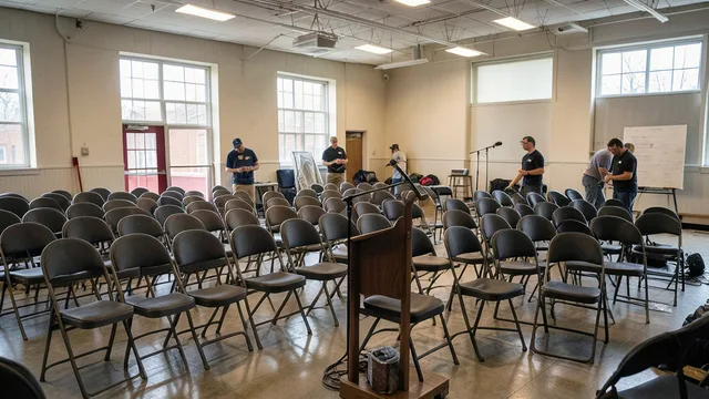 Imagem gerada por IA: Palco com microfone e cadeiras vazias sendo preparado para um comício em Detroit.