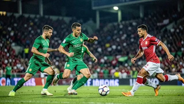 Imagem gerada por IA: Jogadores disputam a bola em uma partida de futebol sob as luzes do estádio.