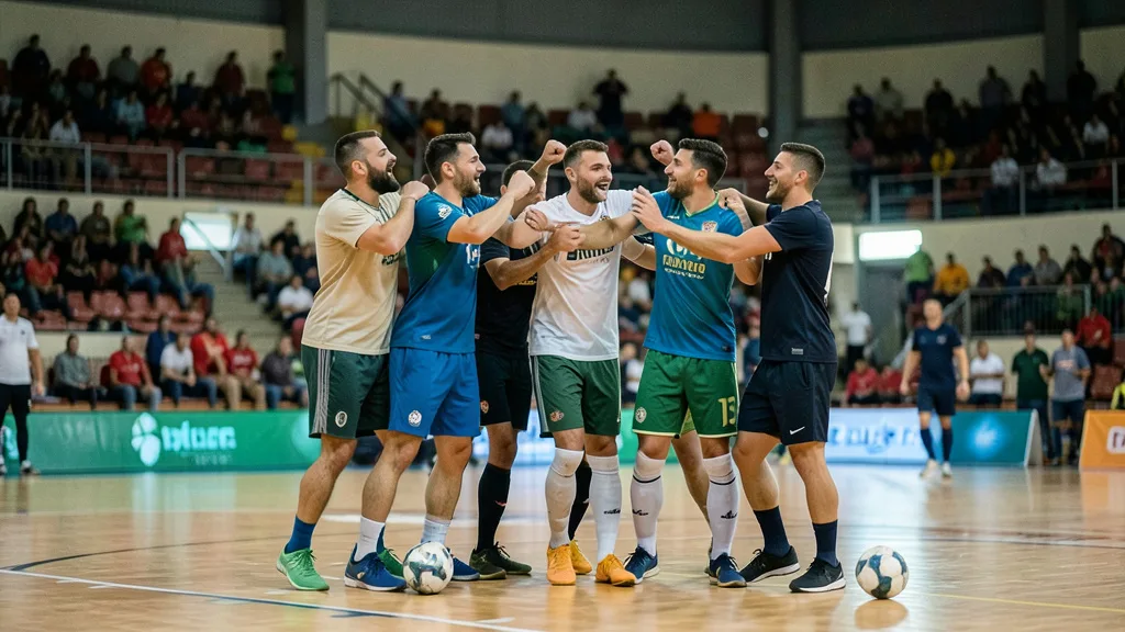 Imagem gerada por IA: Jogadores de futsal comemoram a classificação em uma quadra indoor.
