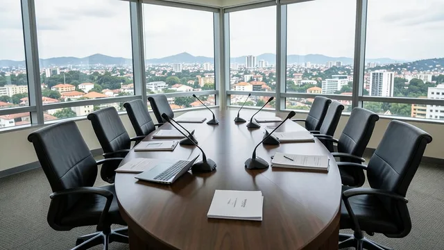 Sala de reunião diplomática em Brasília, com mesa, microfones, laptop e pastas sobre segurança eleitoral.