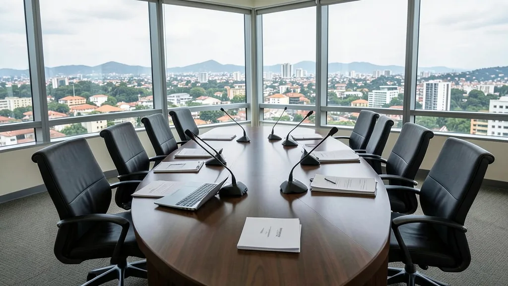 Sala de reunião diplomática em Brasília, com mesa, microfones, laptop e pastas sobre segurança eleitoral.