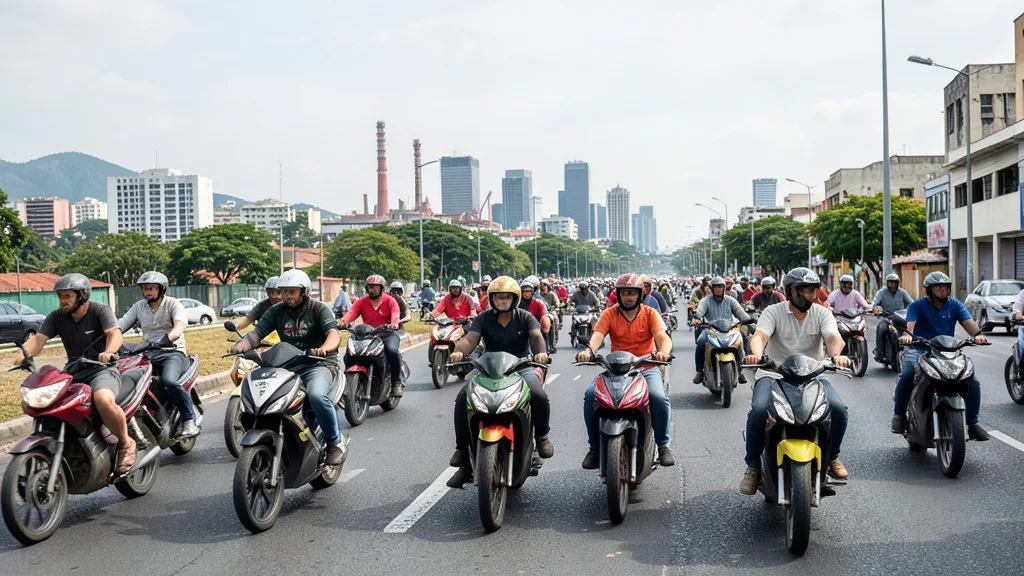 Imagem gerada por IA: Motocicletas circulam por uma avenida urbana brasileira.