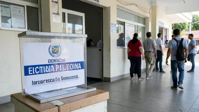 Imagem gerada por IA: Urna eletrônica em local de votação, com eleitores ao fundo.