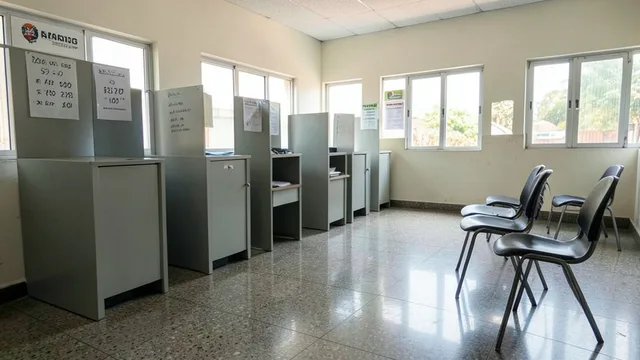 Imagem gerada por IA: Cabines e urna eletrônica em uma seção eleitoral vazia após a votação.