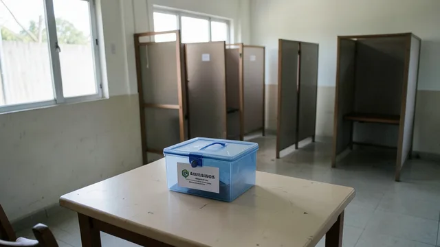 Imagem gerada por IA: Urna eletrônica fechada em uma seção eleitoral vazia após a votação.