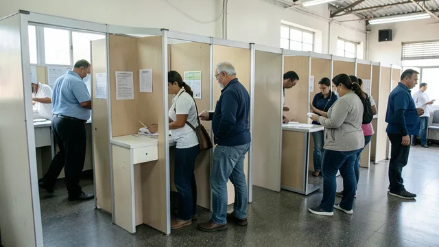 Imagem gerada por IA: Eleitores genéricos se dirigem a cabines de votação em uma seção eleitoral.
