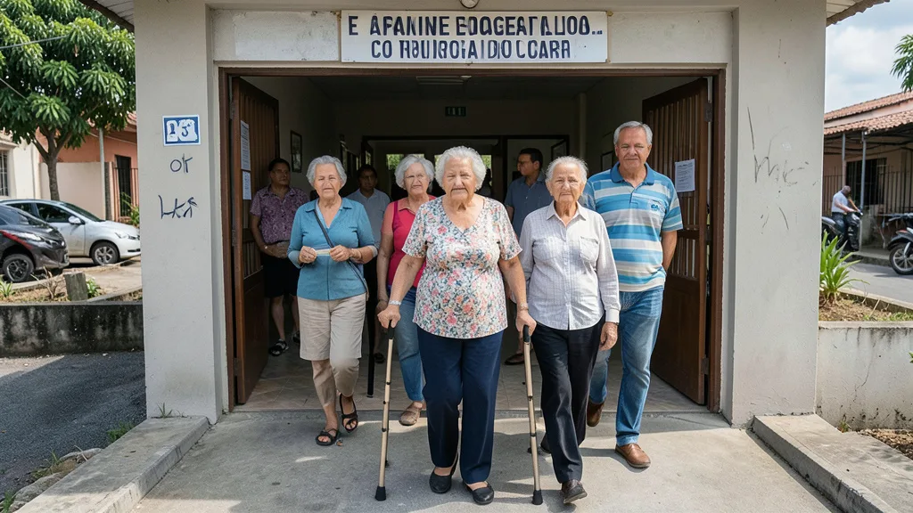 Imagem gerada por IA: Eleitores idosos chegam acompanhados a um local de votação.