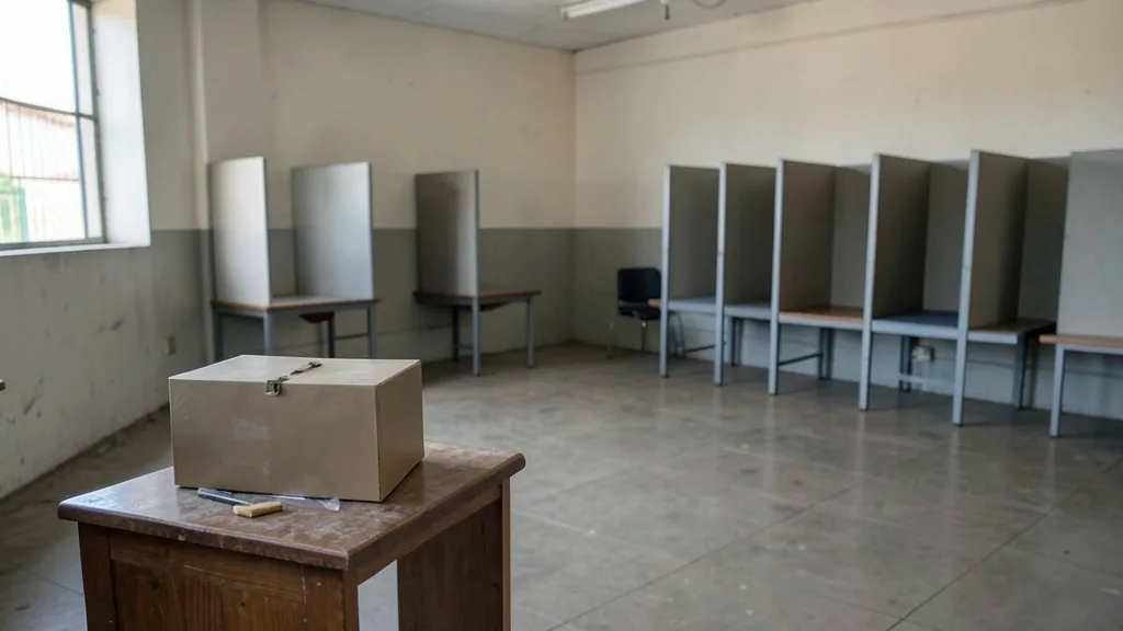 Imagem gerada por IA: Urna eletrônica em uma seção eleitoral quase vazia após a votação.