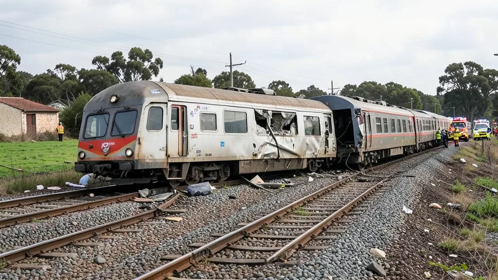 Imagem gerada por IA: Vagões de trem parcialmente descarrilados após a colisão na província de Toledo, na Espanha.
