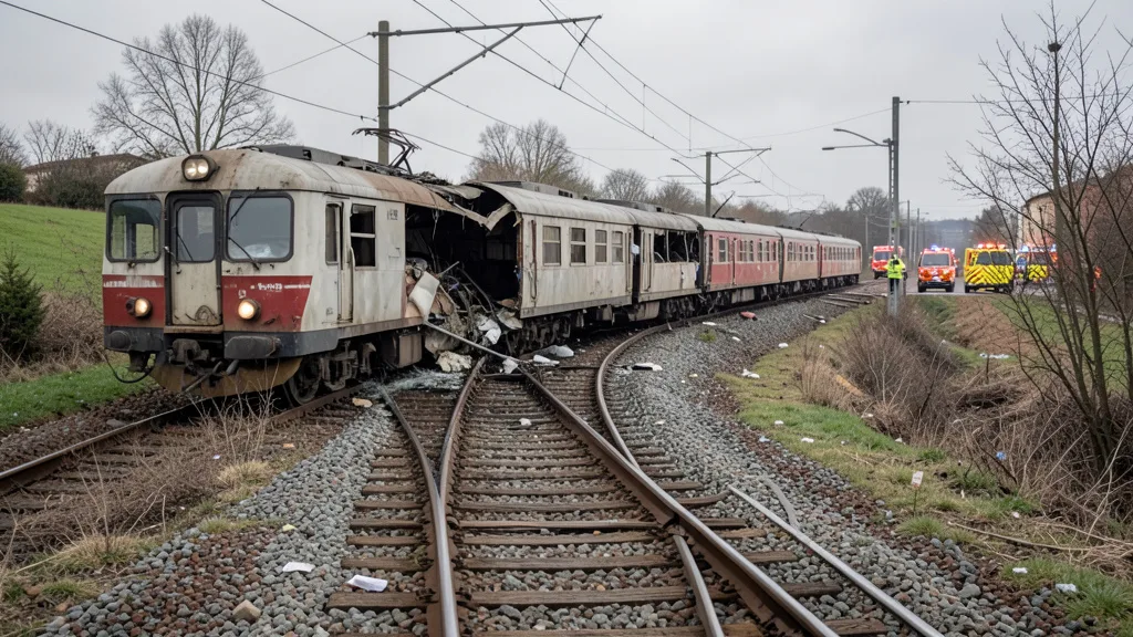 Imagem gerada por IA: Vagões danificados e equipes de emergência no local da colisão ferroviária em Toledo, na Espanha.