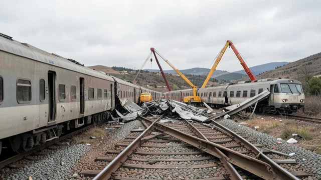 Imagem gerada por IA: Vagões destruídos e guindastes atuam no local da colisão ferroviária na Espanha.