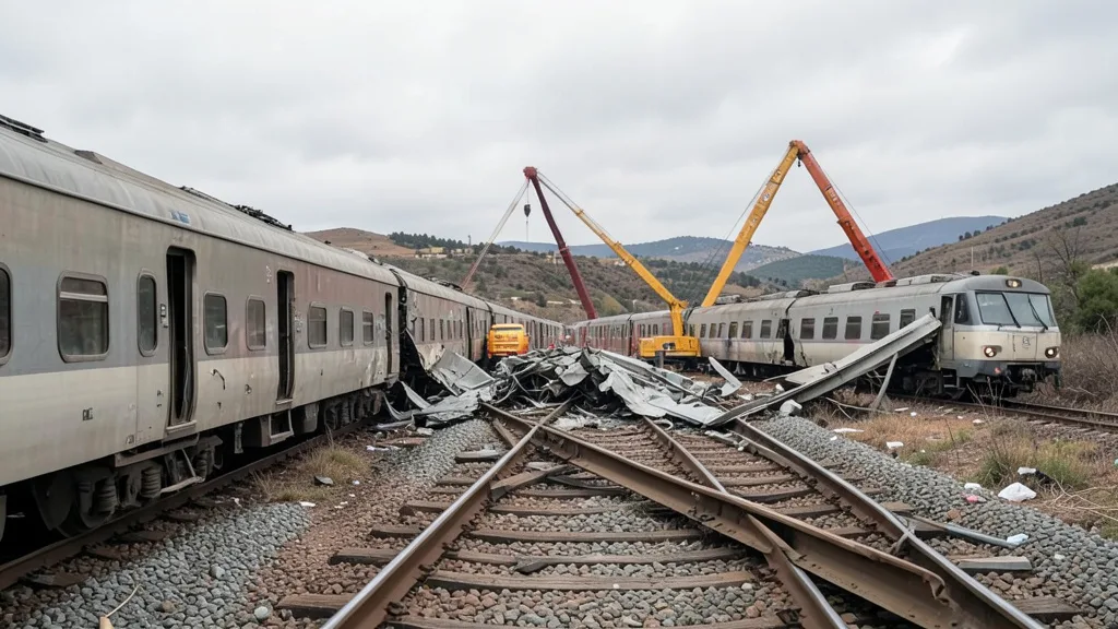 Imagem gerada por IA: Vagões destruídos e guindastes atuam no local da colisão ferroviária na Espanha.