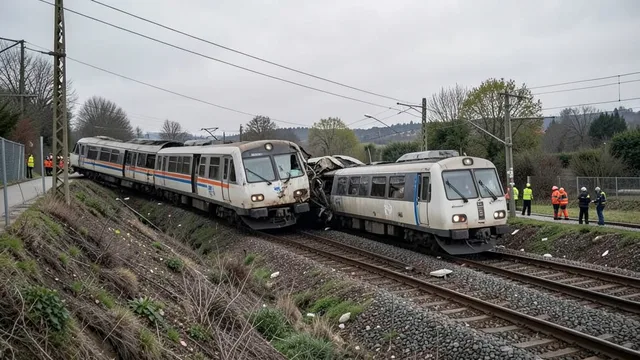 Imagem gerada por IA: Vagões de trens de alta velocidade descarrilados em uma área rural da província espanhola de Toledo.