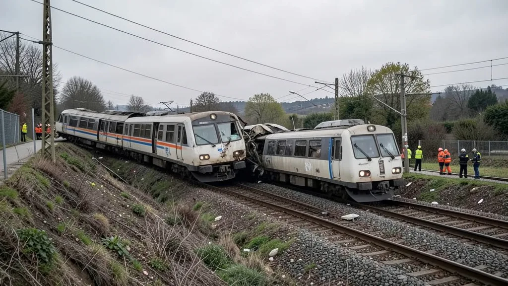 Imagem gerada por IA: Vagões de trens de alta velocidade descarrilados em uma área rural da província espanhola de Toledo.