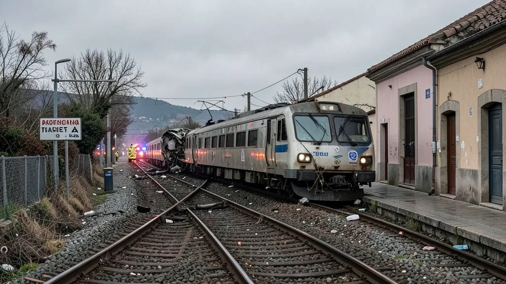 Imagem gerada por IA: Trens danificados após colisão em uma linha ferroviária na Espanha.