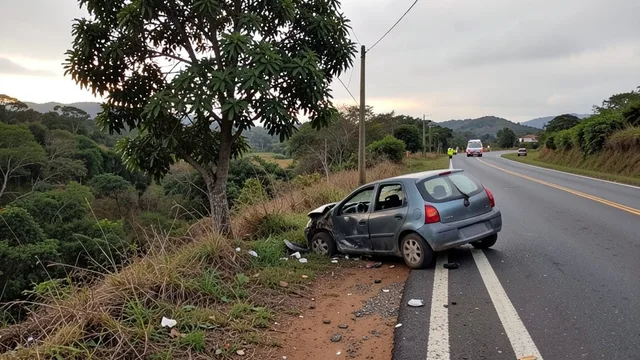 Carro capotado junto a uma árvore às margens de uma rodovia rural no Rio Grande do Sul.