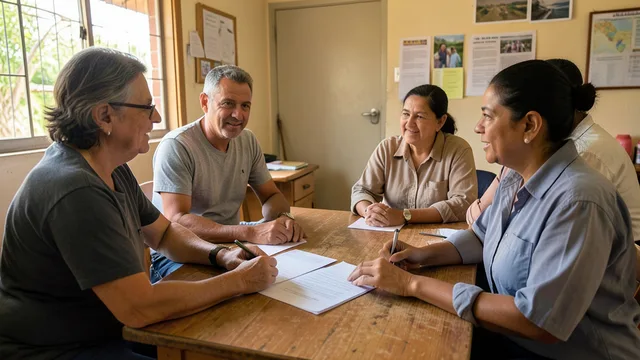 Imagem gerada por IA: Refugiados conversam com uma voluntária em um centro de apoio no Brasil.