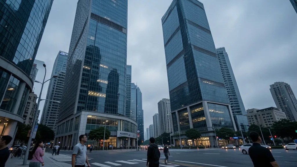 Imagem gerada por IA: Prédios do distrito financeiro de Shenzhen sob céu nublado.