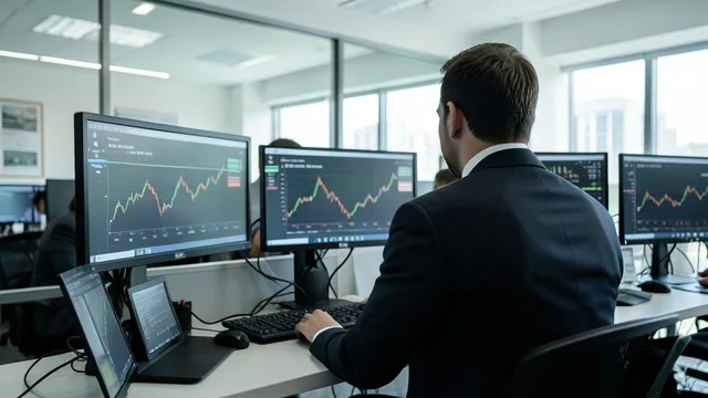 Imagem gerada por IA: Operador acompanha o mercado financeiro em uma sala de negociação.
