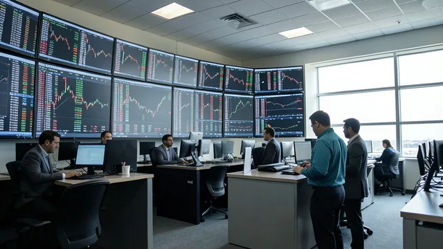 Imagem gerada por IA: Profissionais acompanham as oscilações do mercado em uma sala de operações da Bolsa.