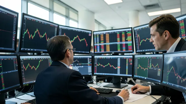 Imagem gerada por IA: Operador acompanha a movimentação do mercado financeiro em telas da Bolsa.