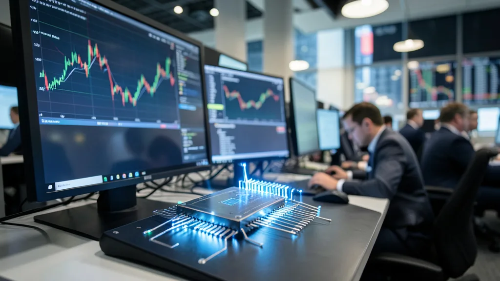 Imagem gerada por IA: Microchip em primeiro plano em um ambiente de negociação financeira em Nova York.