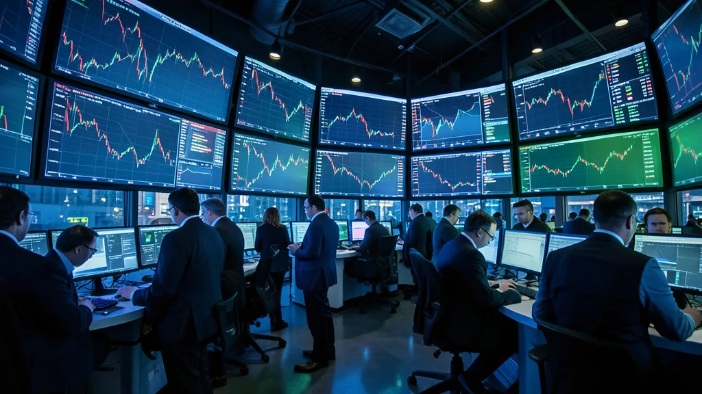Imagem gerada por IA: Operadores acompanham os mercados em telas em um pregão de Nova York.