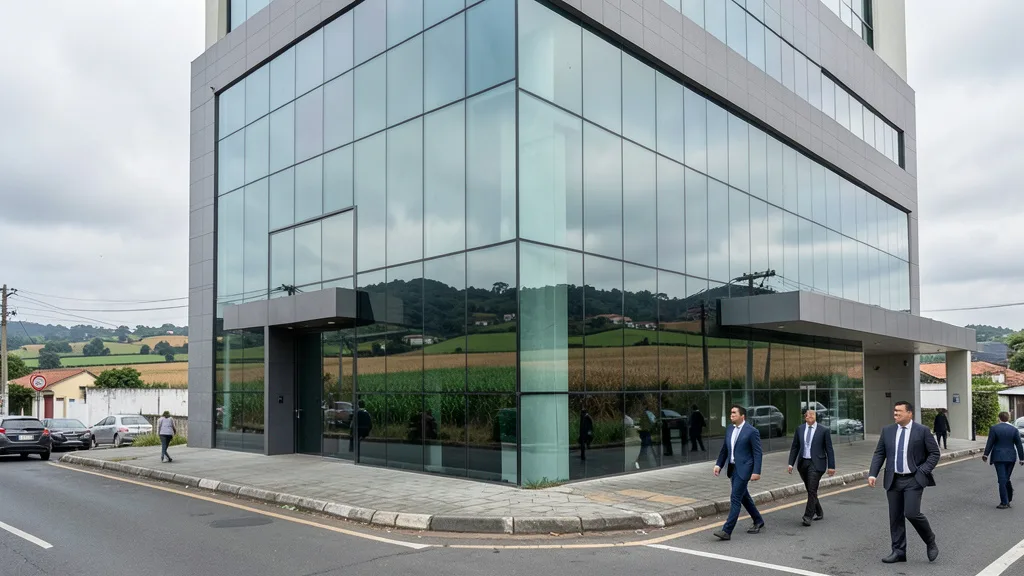 Imagem gerada por IA: Edifício bancário com campos agrícolas refletidos na fachada de vidro.