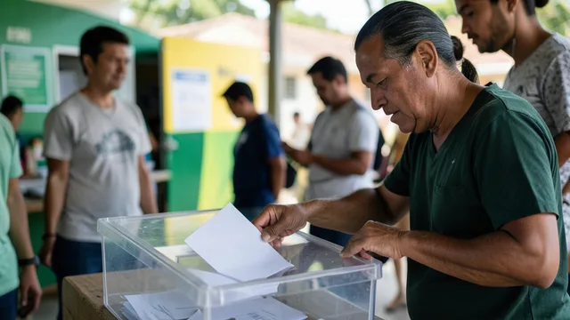 Imagem gerada por IA: Eleitor deposita uma cédula em uma urna transparente durante a votação.