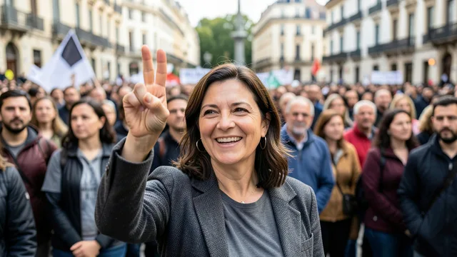 Imagem gerada por IA: Ada Colau faz o gesto do L diante de apoiadores em um comício.