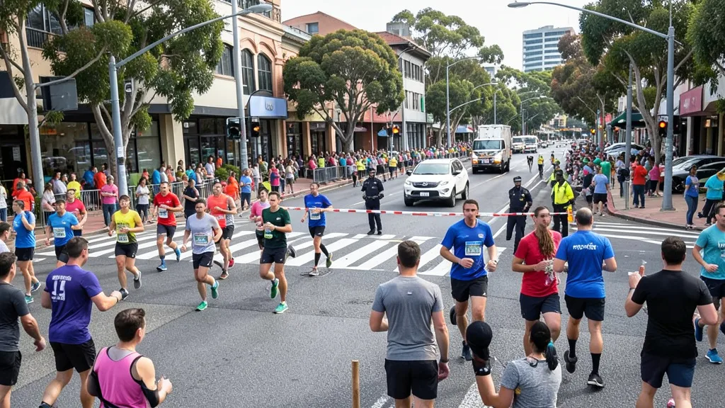 Imagem gerada por IA: SUV branca parada atrás de um veículo de trânsito perto de corredores em uma rua de Melbourne.