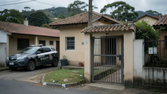 Imagem gerada por IA: Casa em Chapecó isolada por uma investigação policial, com uma viatura ao fundo.