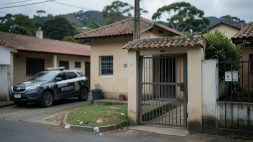 Imagem gerada por IA: Casa em Chapecó isolada por uma investigação policial, com uma viatura ao fundo.