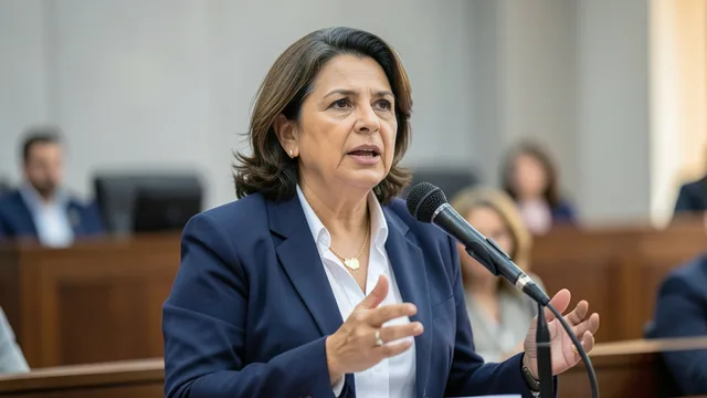 Imagem gerada por IA: Deputada estadual discursa em evento público, com uma assembleia desfocada ao fundo.