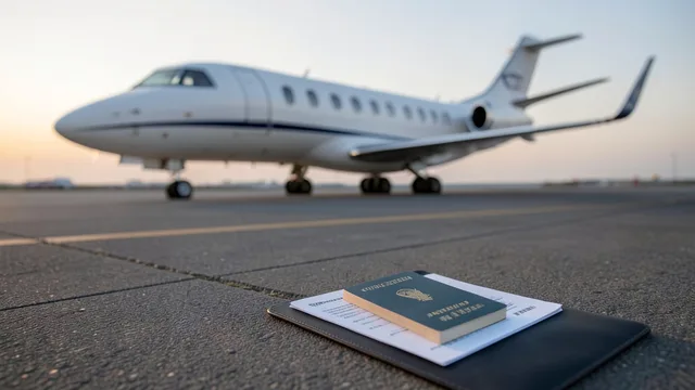 Imagem gerada por IA: Passaporte sobre uma pasta diante de um jato particular em um aeroporto.