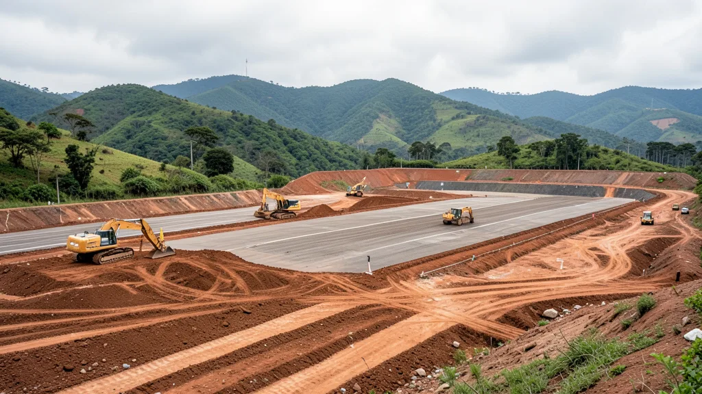 Imagem gerada por IA: Máquinas trabalham na preparação de uma área para a construção de um aeroporto, com morros ao fundo.