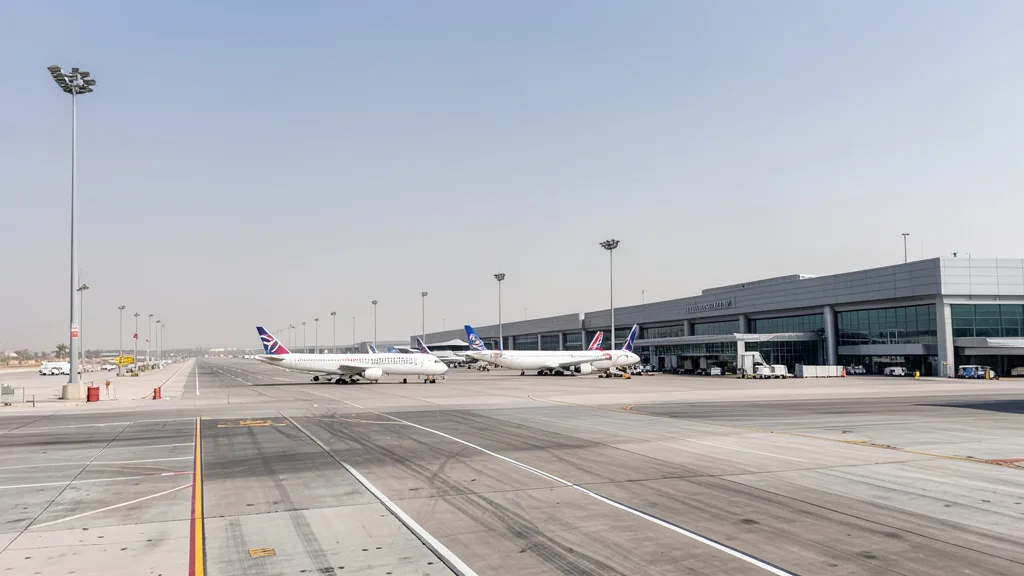 Imagem gerada por IA: Aeronaves estacionadas em uma área de embarque do aeroporto de Riad, com poucas movimentações visíveis.