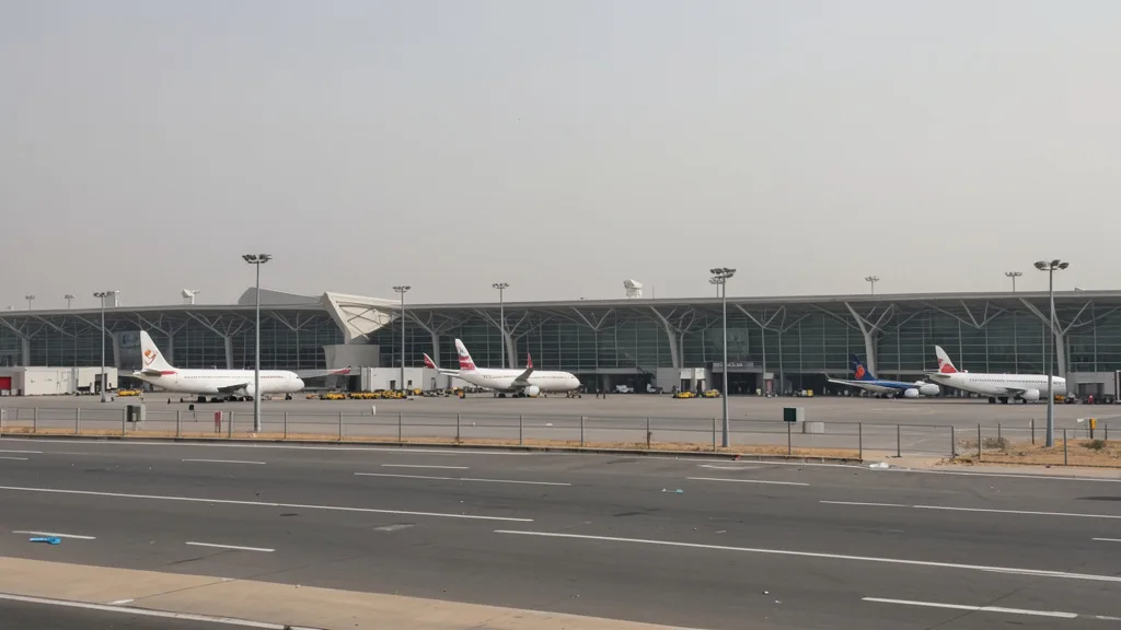 Imagem gerada por IA: Terminal e aviões parados no Aeroporto Internacional Rei Khalid, em Riad.