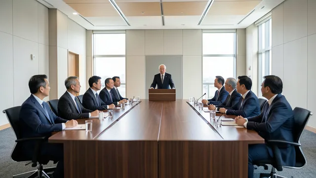 Imagem gerada por IA: Dirigente fala em congresso de futebol diante de delegados reunidos em uma sala de conferências.
