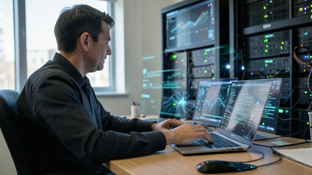 Imagem gerada por IA: Jornalista trabalha diante de um laptop em uma redação, com servidores ao fundo sugerindo o uso de inteligência artificial.