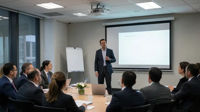 Imagem gerada por IA: Executivo fala em evento para investidores em uma sala de conferências.